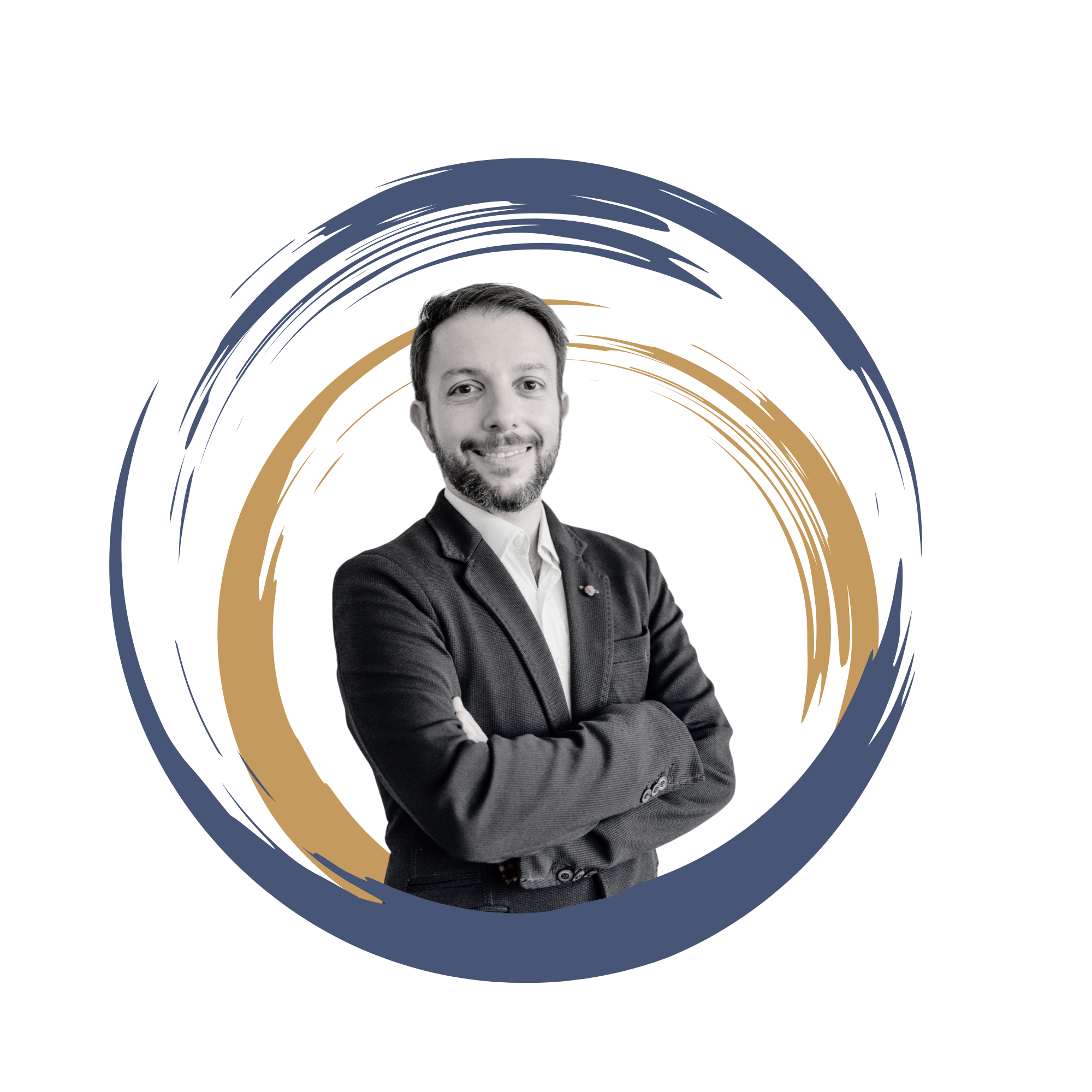 Retrato Matteo vestido de traje sobre fondo azul y naranja